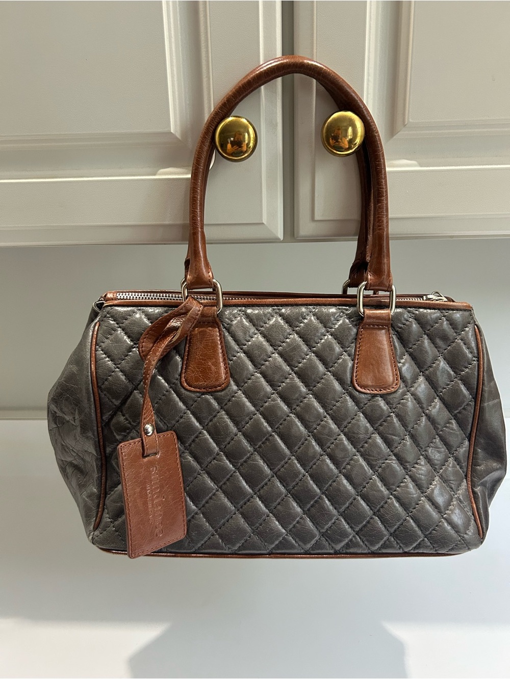 Sundance Quilted Gray Satchel with Brown Trim